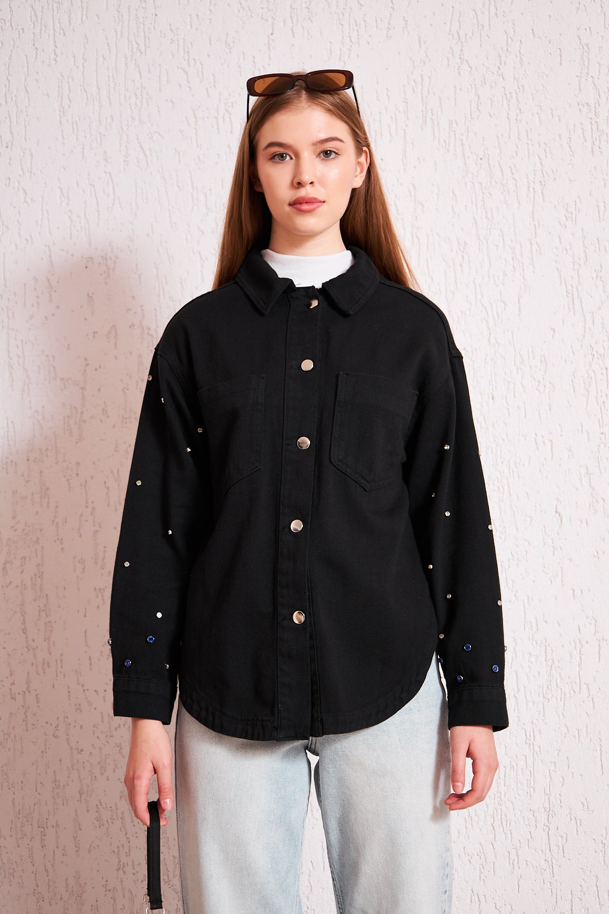 Kolları Taşlı Denim Ceket Siyah