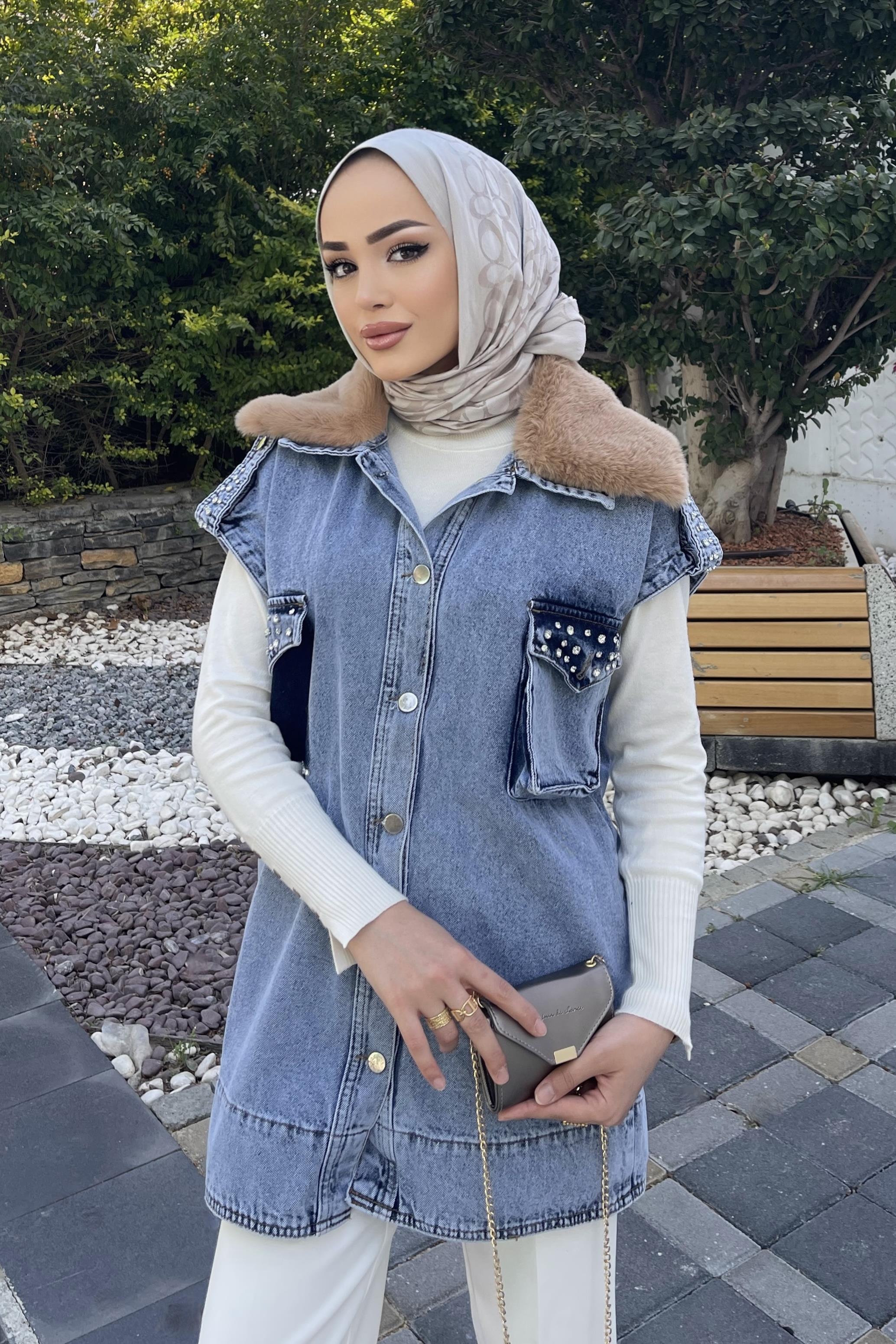 Kürklü Denim Yelek