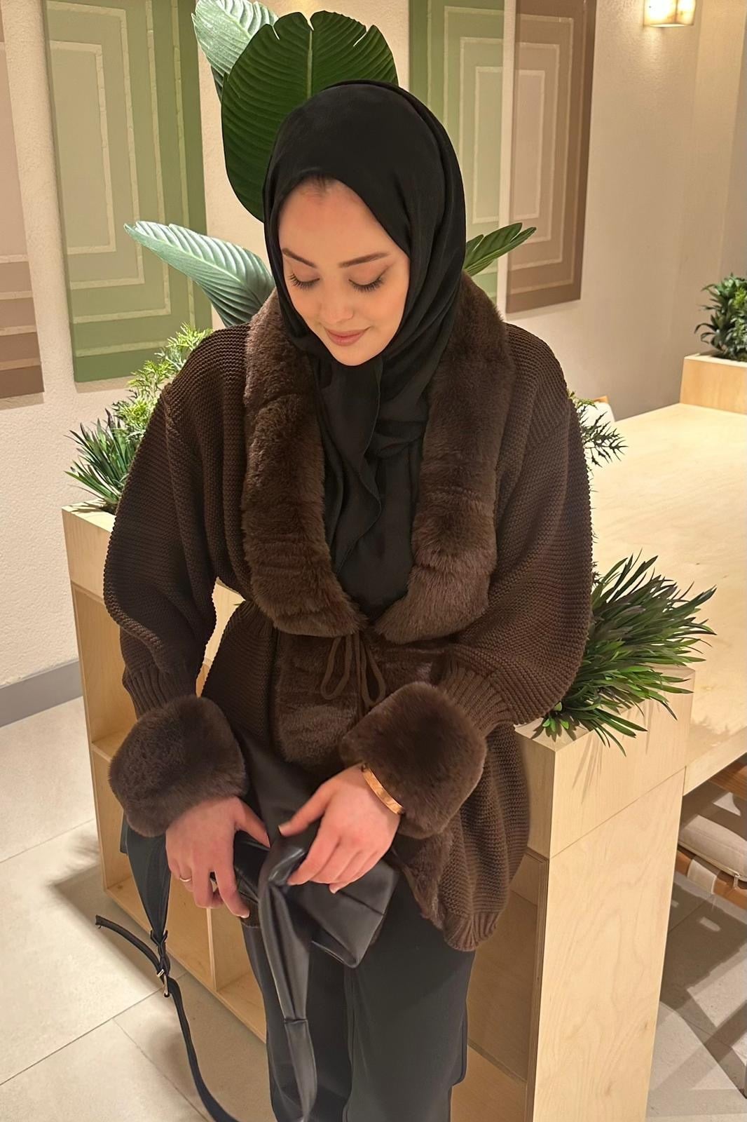 Kürklü Triko Hırka Kahve