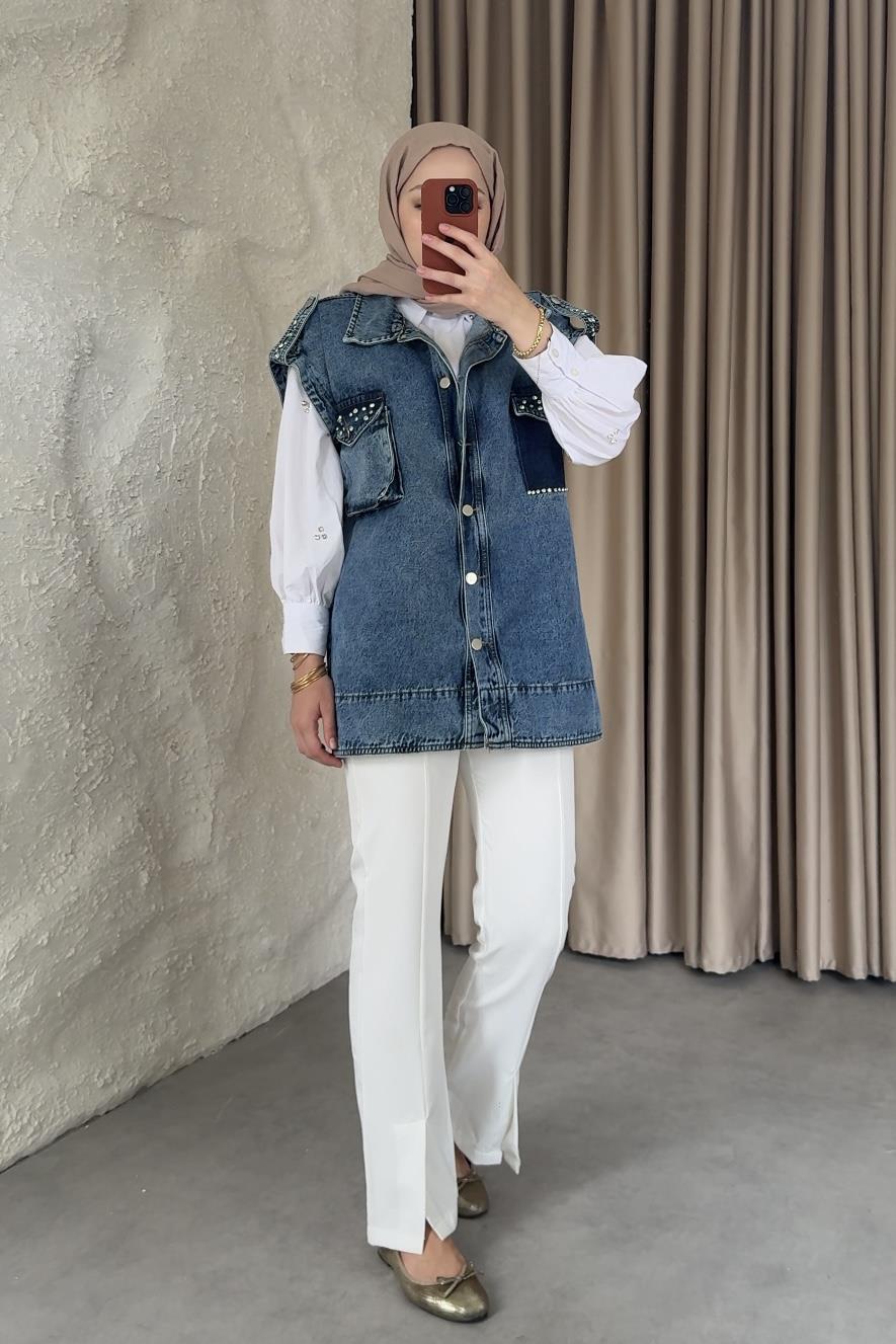taş detaylı tasarım denim yelek mavi