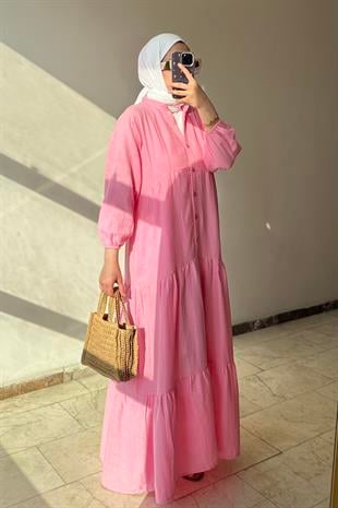 Düğme detaylı müslin elbise pembe