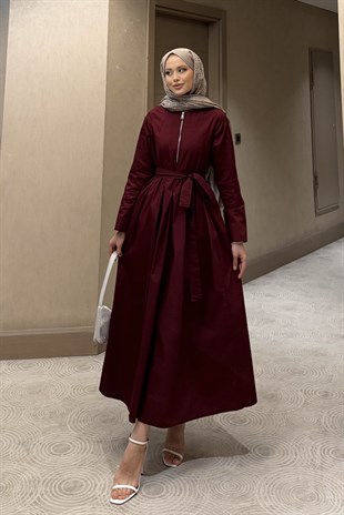 Fermuar Detaylı Elbise Bordo