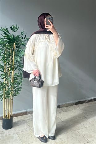 Pantolonlu Şifon Takım ekru