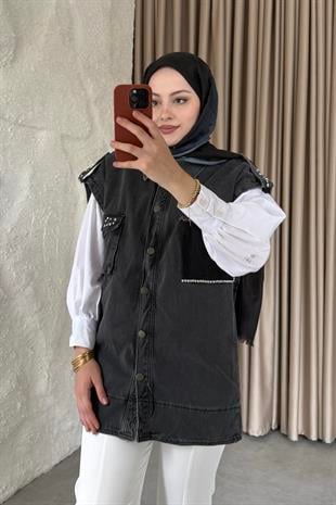 taş detaylı tasarım denim yelek antrasit