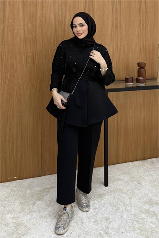 Taşlı Pufy Takım Siyah