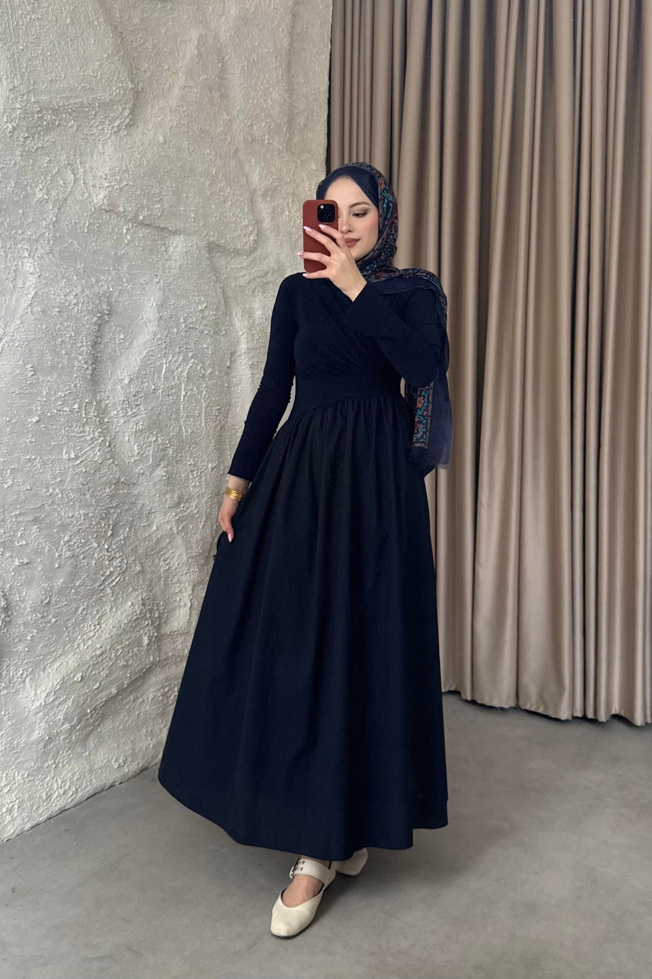 drape detaylı elbise lacivert
