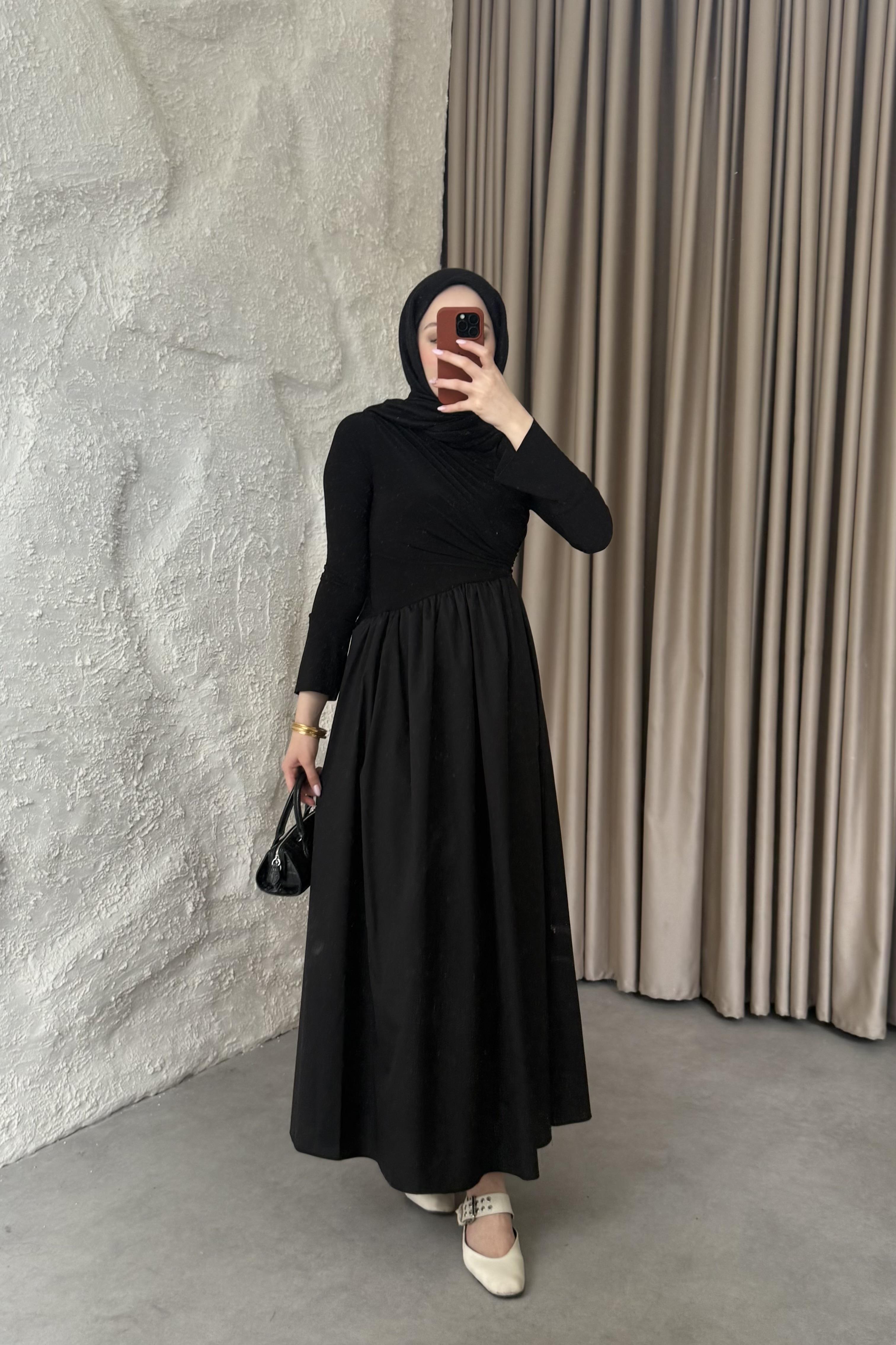 drape detaylı elbise siyah
