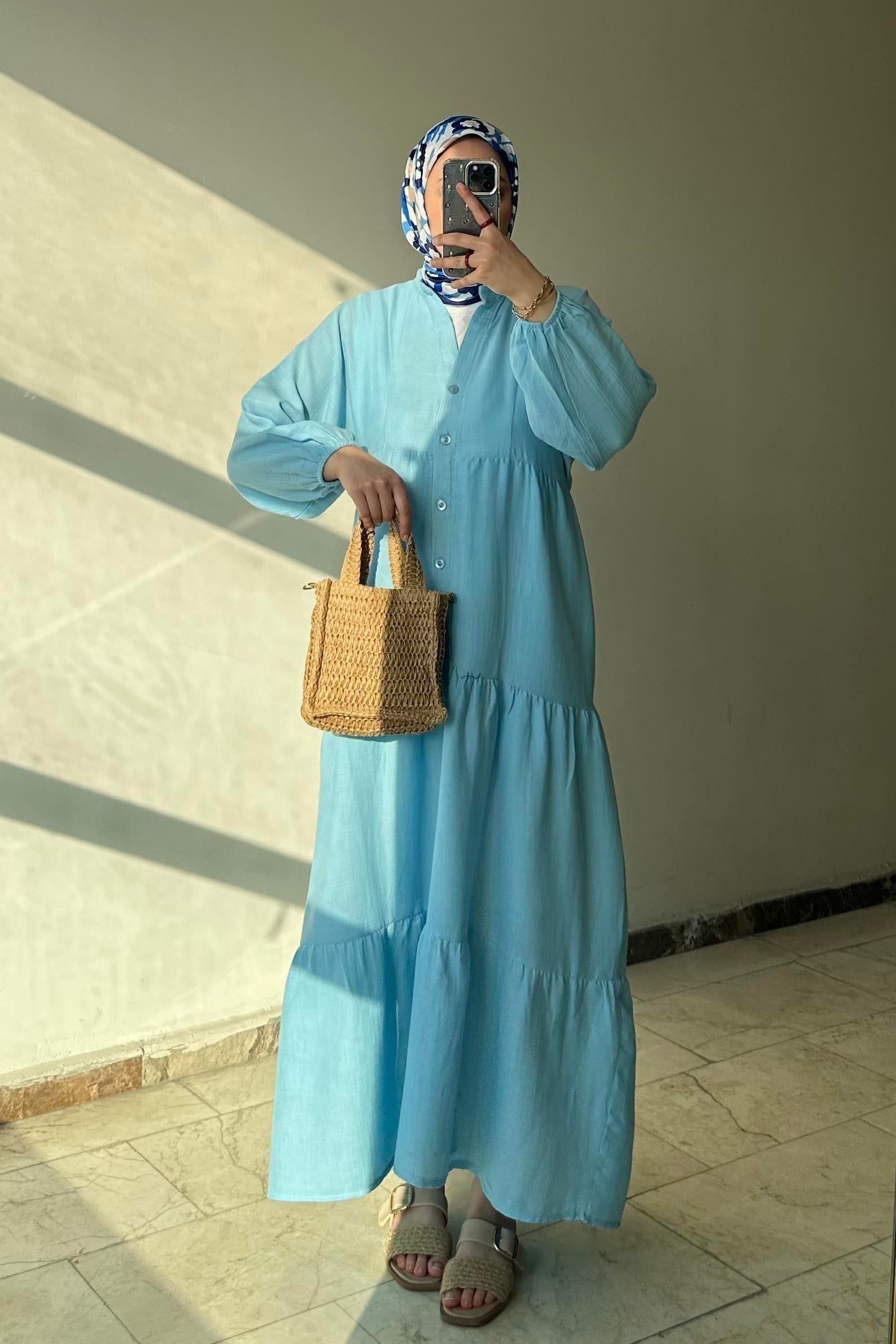 Düğme detaylı müslin elbise bebe mavisi