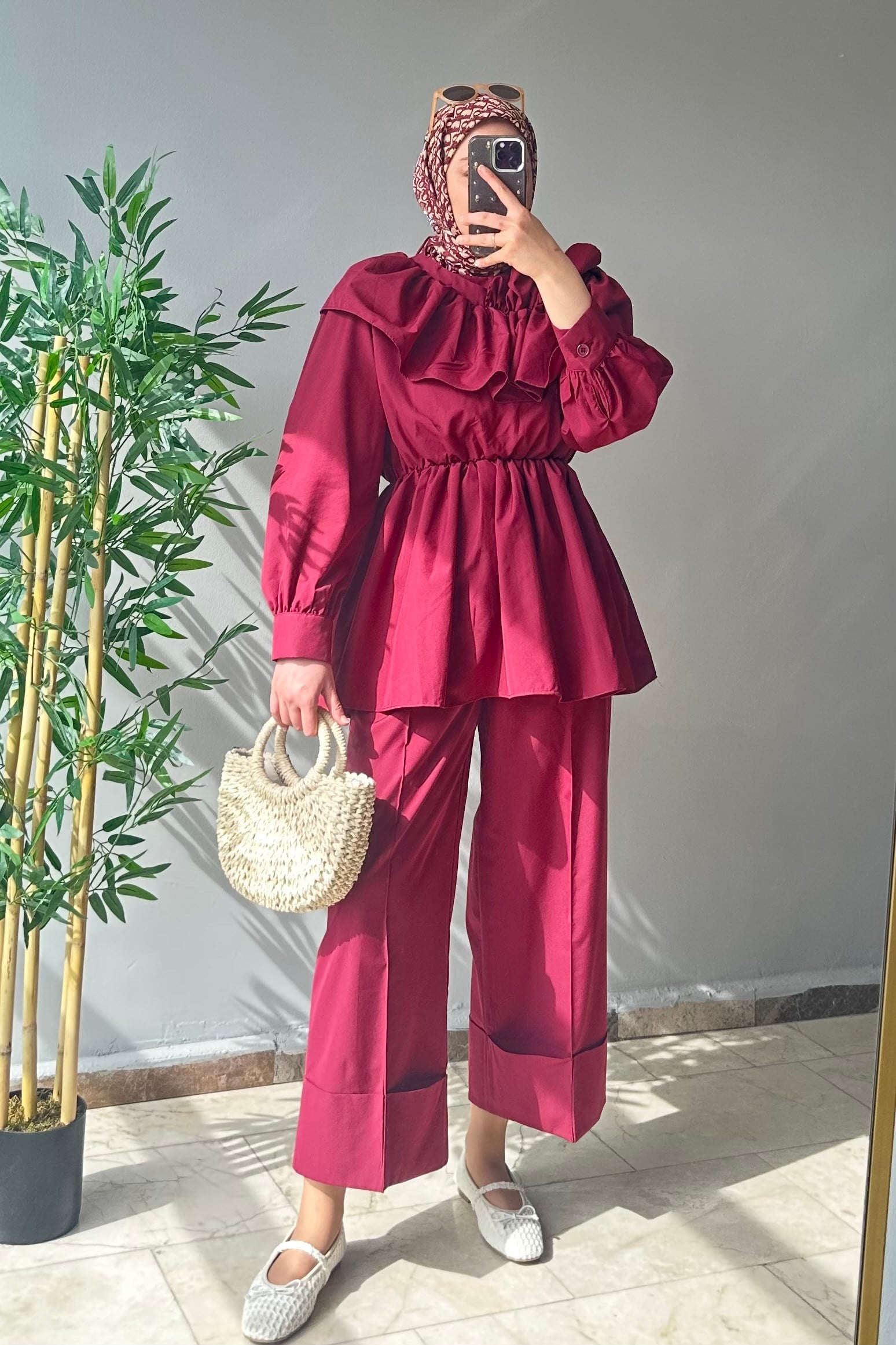 Fırfır Detaylı Takım Bordo