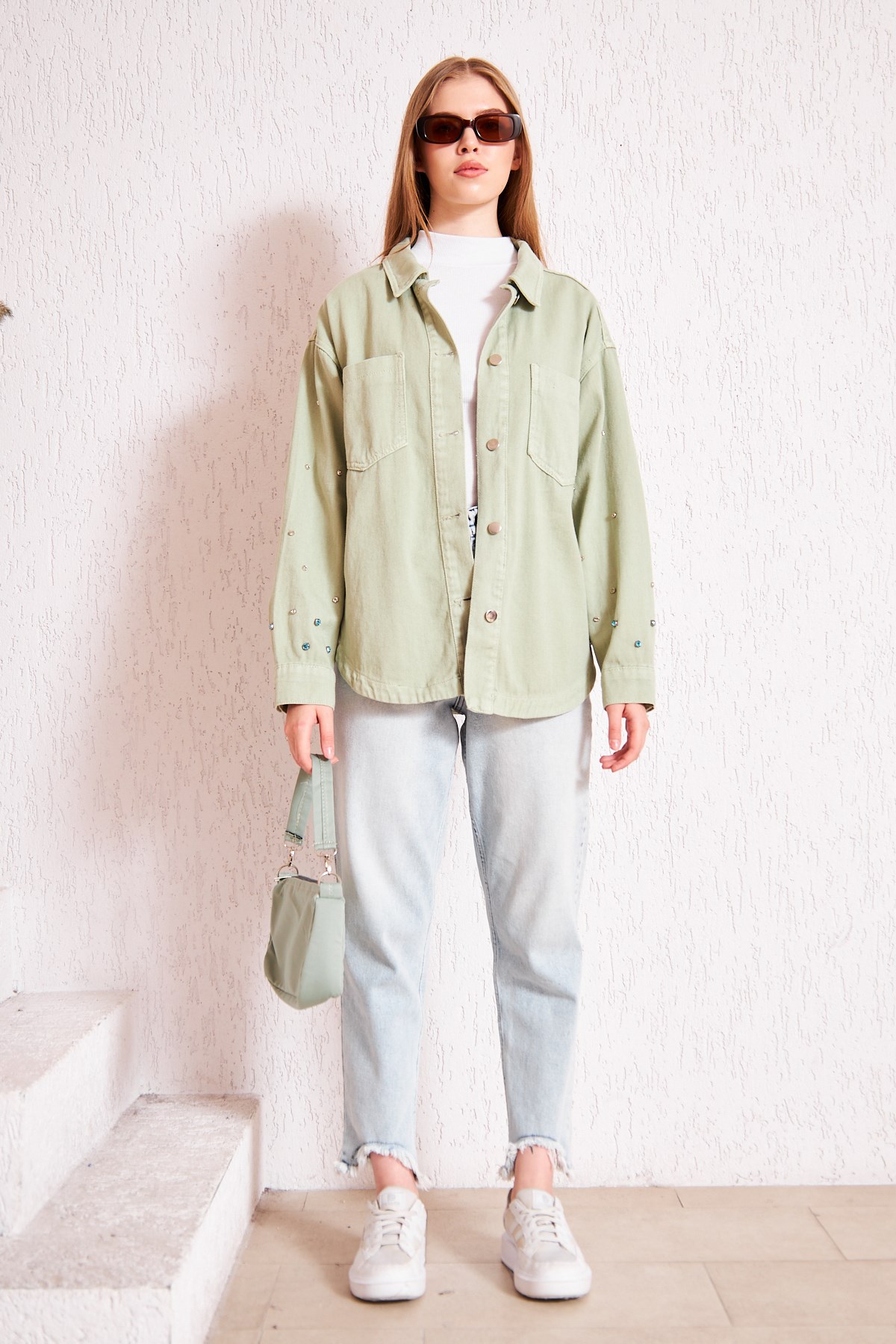 Kolları Taşlı Denim Ceket Çağla