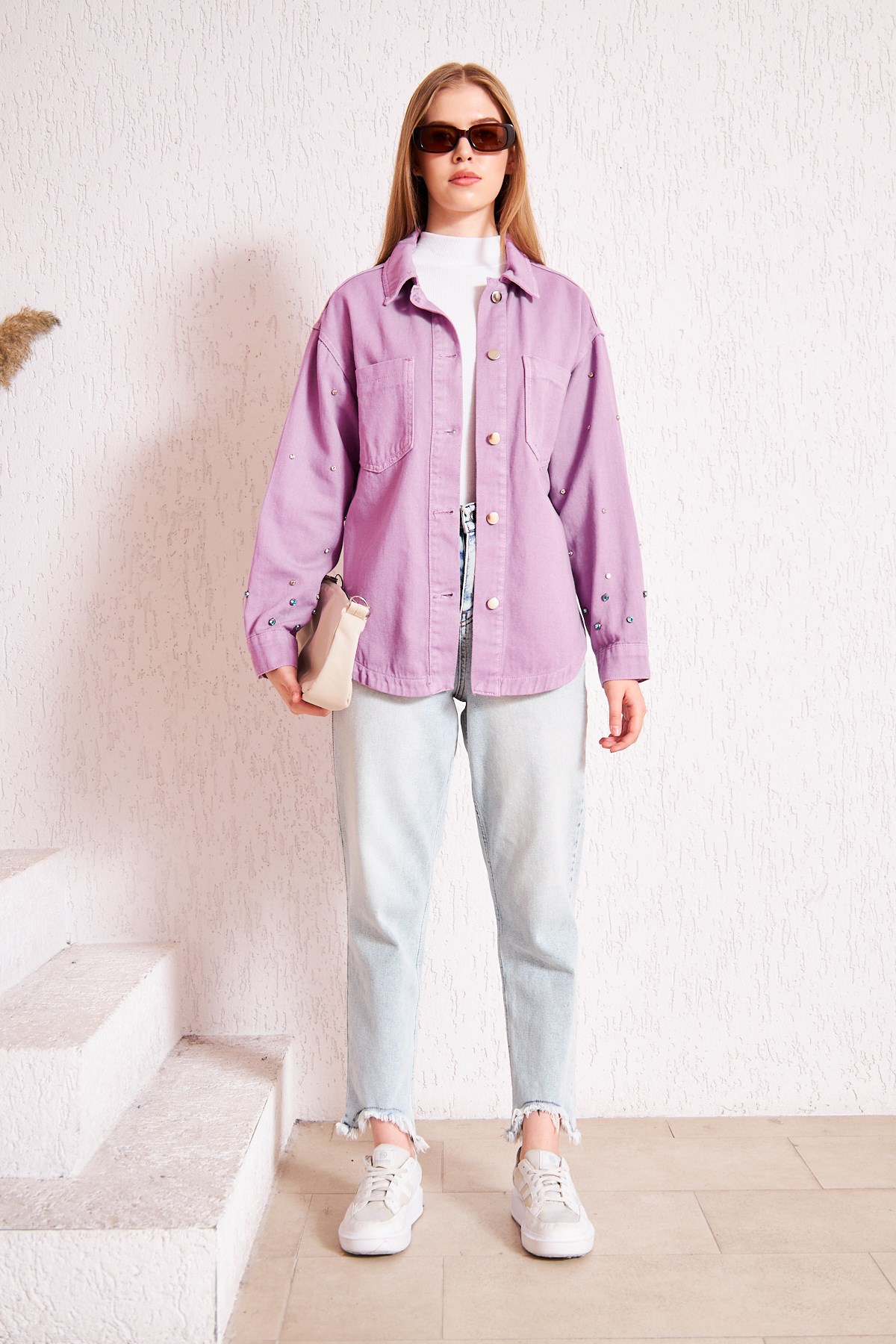 Kolları Taşlı Denim Ceket Lila