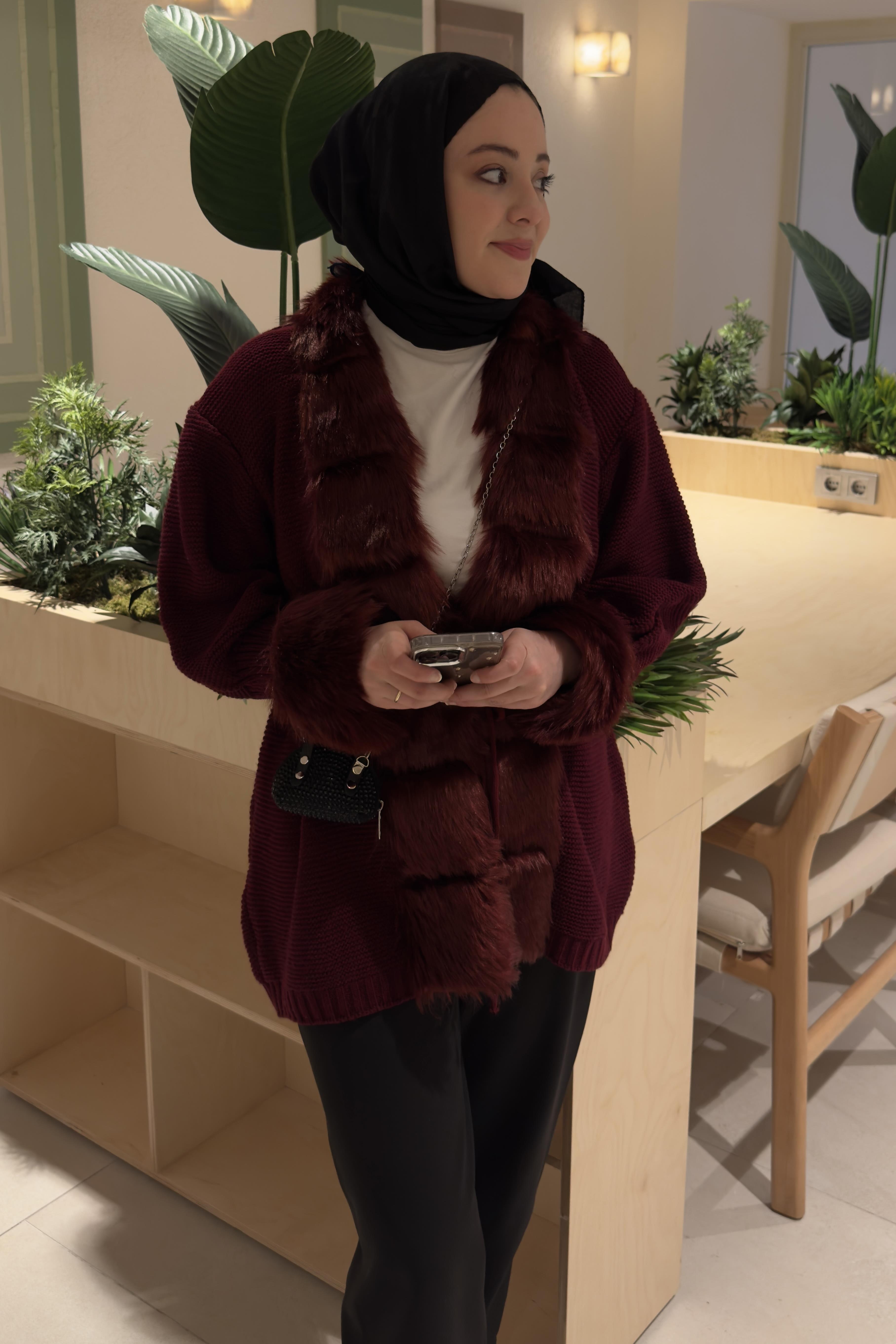 Kürk Detaylı Hırka Bordo