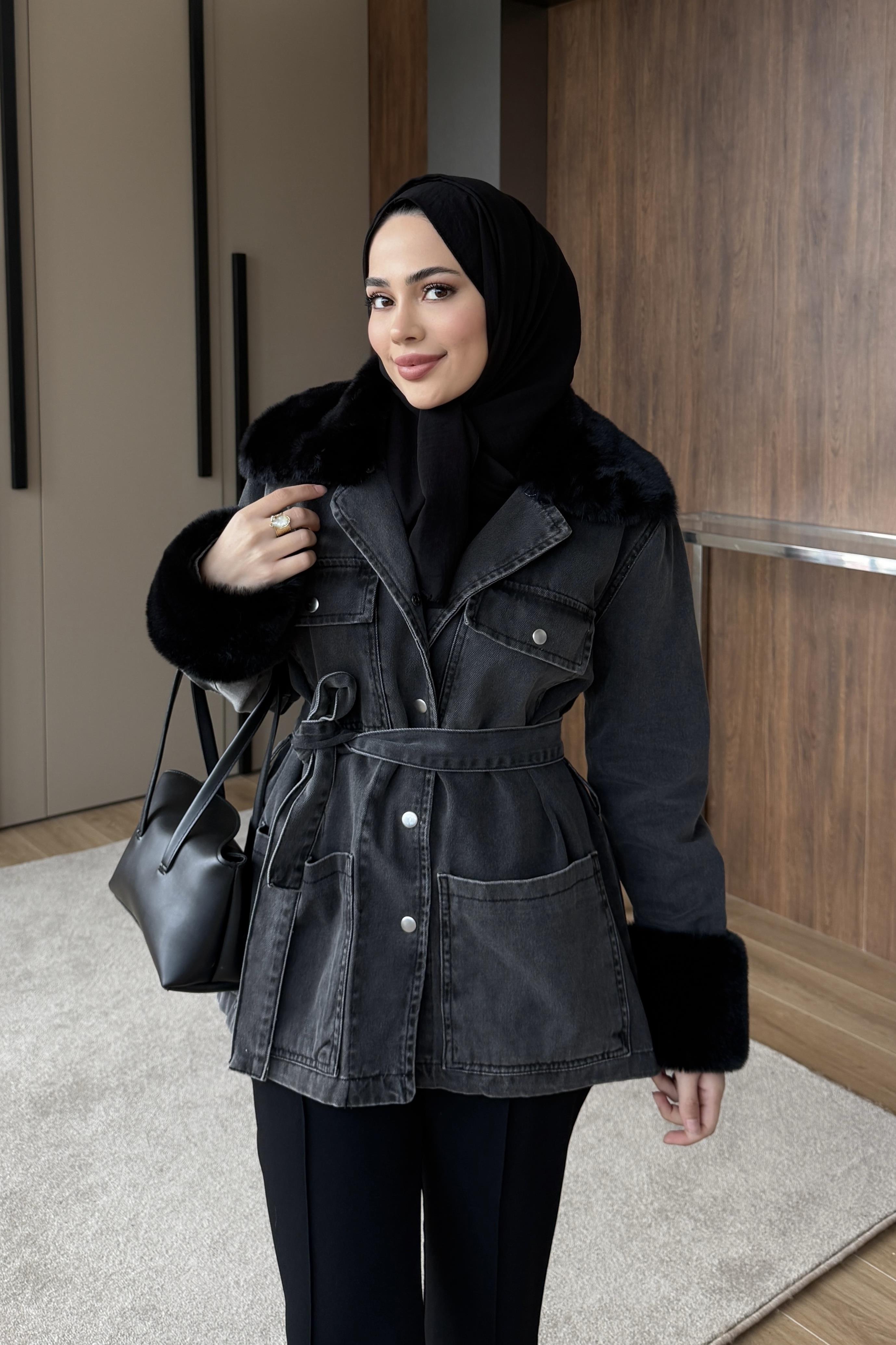 Kürklü Denim Ceket Antrasit 