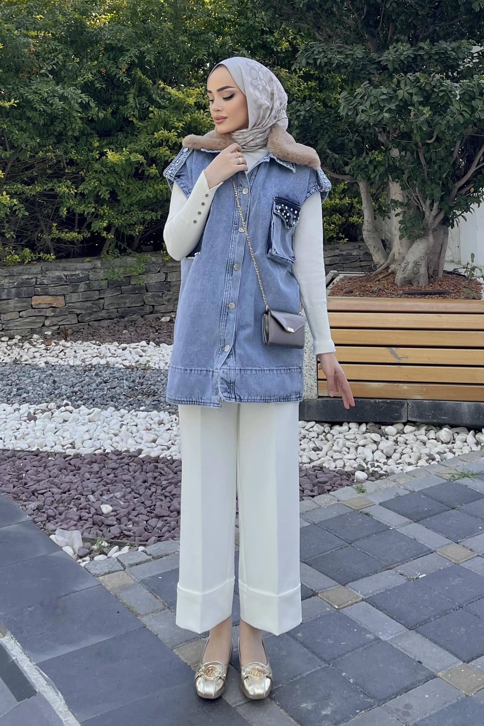 Kürklü Denim Yelek