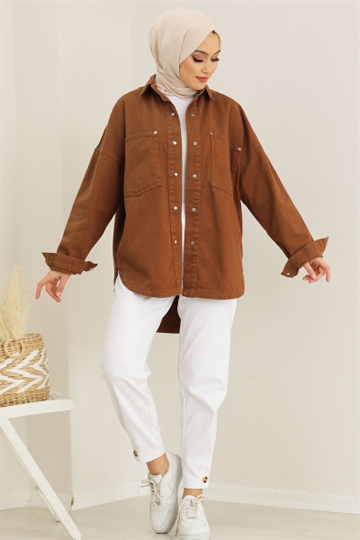 Oversize Çıtçıtlı Kahve Ceket