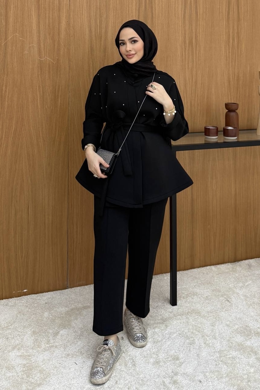 Taşlı Pufy Takım Siyah