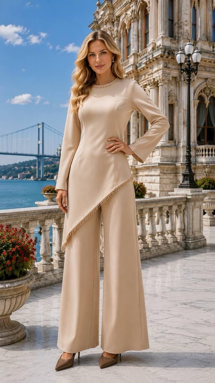 Asimetreik kesim taşlı Pantalonlu Takım