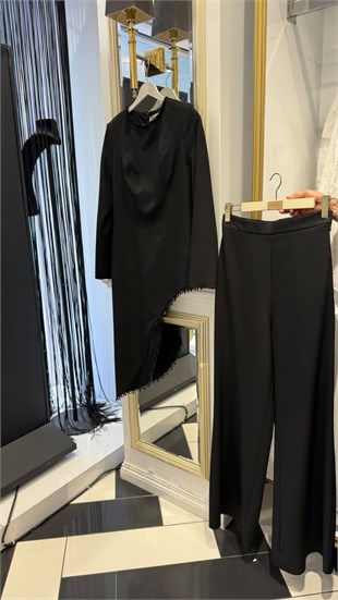Asimetreik kesim taşlı Pantalonlu Takım