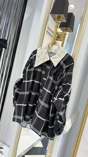 Ceket Yaka Taşlı Ekose Gömlek