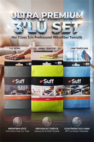 Suff 3lü Premium Mikrofiber Temizlik Bezi Seti 40x40 cm | Cam, Mobilya ve Genel Temizlik