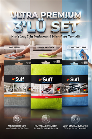 Suff 3lü Premium Mikrofiber Temizlik Bezi Seti 40x40 cm | Cam, Mobilya ve Genel Temizlik