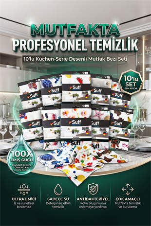 Suff Küchen 10lu Mikrofiber Mutfak Bezi Seti 60x40 cm Dekoratif Desenli İz Bırakmaz Temizlik Bezi (10 Farklı Desen)