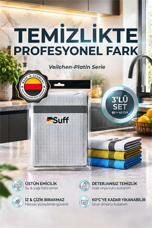 Suff Veilchen Platin Serie 3lü Mikrofiber Bez Seti İz Bırakmaz Çizmez Premium Mutfak Temizlik Bezi 60x40 cm