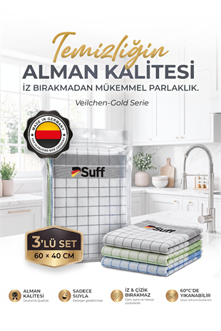 Suff Veilchen Gold Serisi Premium Mikrofiber 3lü Set 60x40 cm | Mutfak Temizlik Bezi İz ve Hav Bırakmayan Su Emici