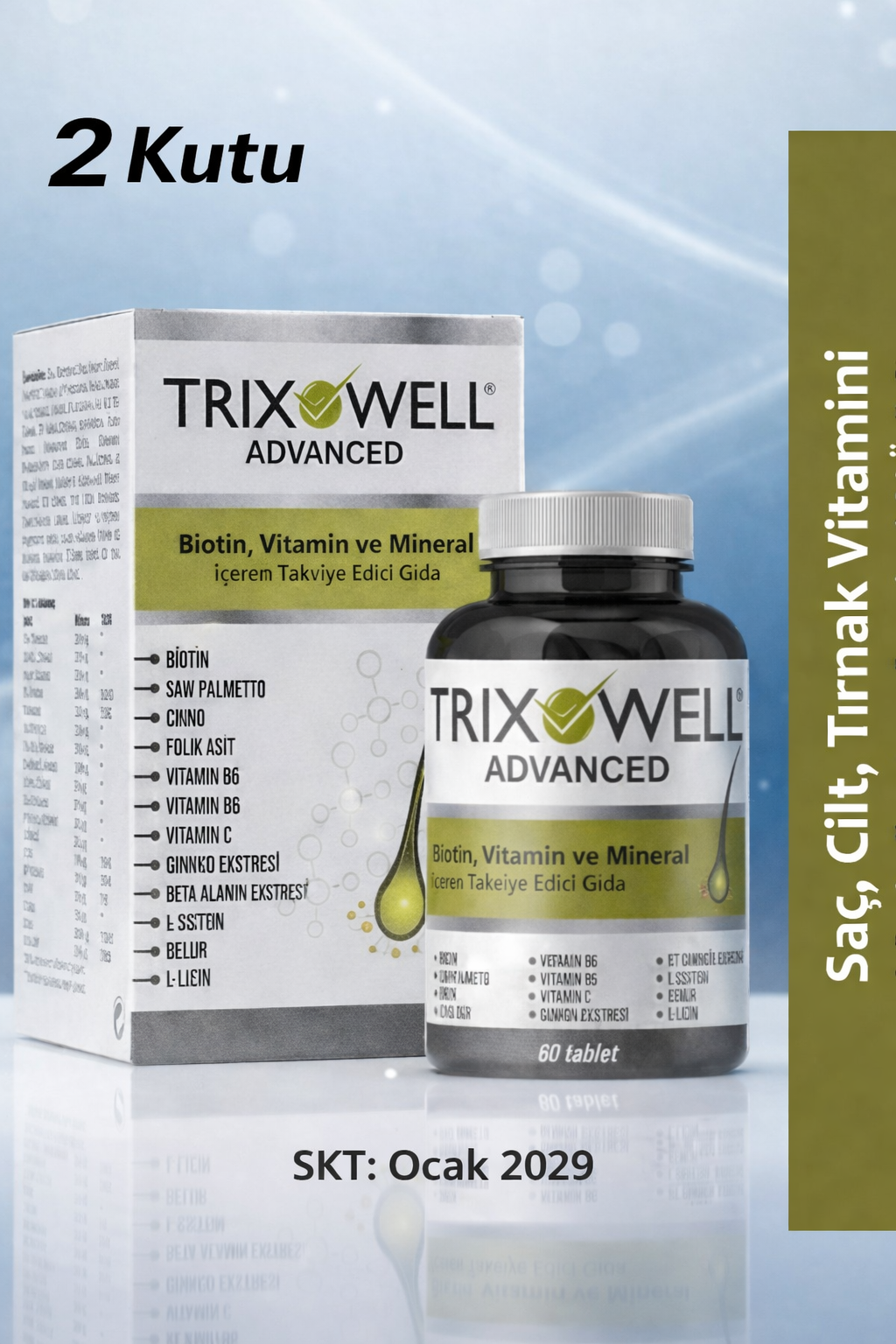 Trixowell Advanced Biotin, Vitamin Mineral İçeren Saç Oluşumunu Destekleyen Besleyici Tablet - 2'li Set