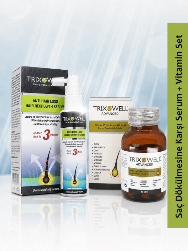 Trixowell Saç Dökülmesine Karşı Saç Güçlendirici Serum+Trixowell Advanced Biotin, Vitamin Ve Mineral İçeren Takviye Edici Gıda