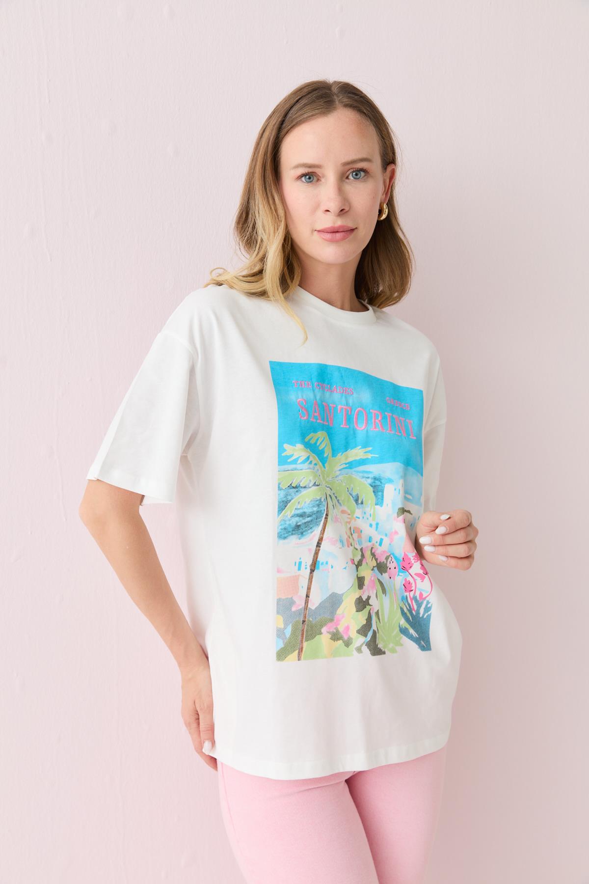 00345 SANTORINI YAZILI TSHIRT