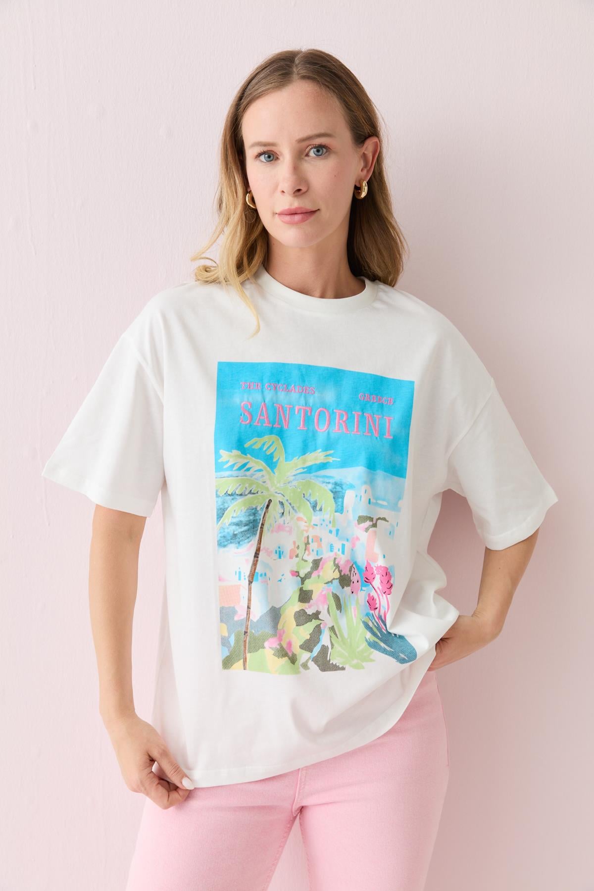 00345 SANTORINI YAZILI TSHIRT