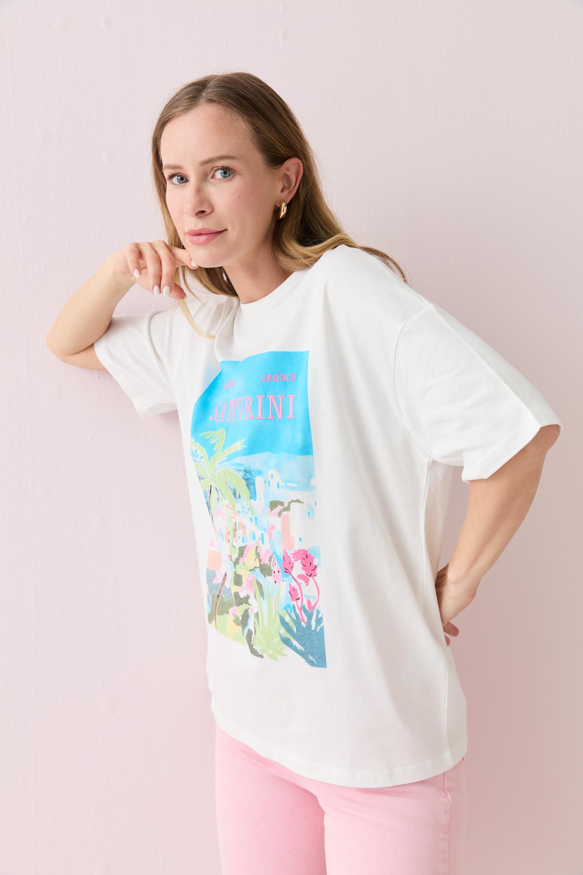 00345 SANTORINI YAZILI TSHIRT