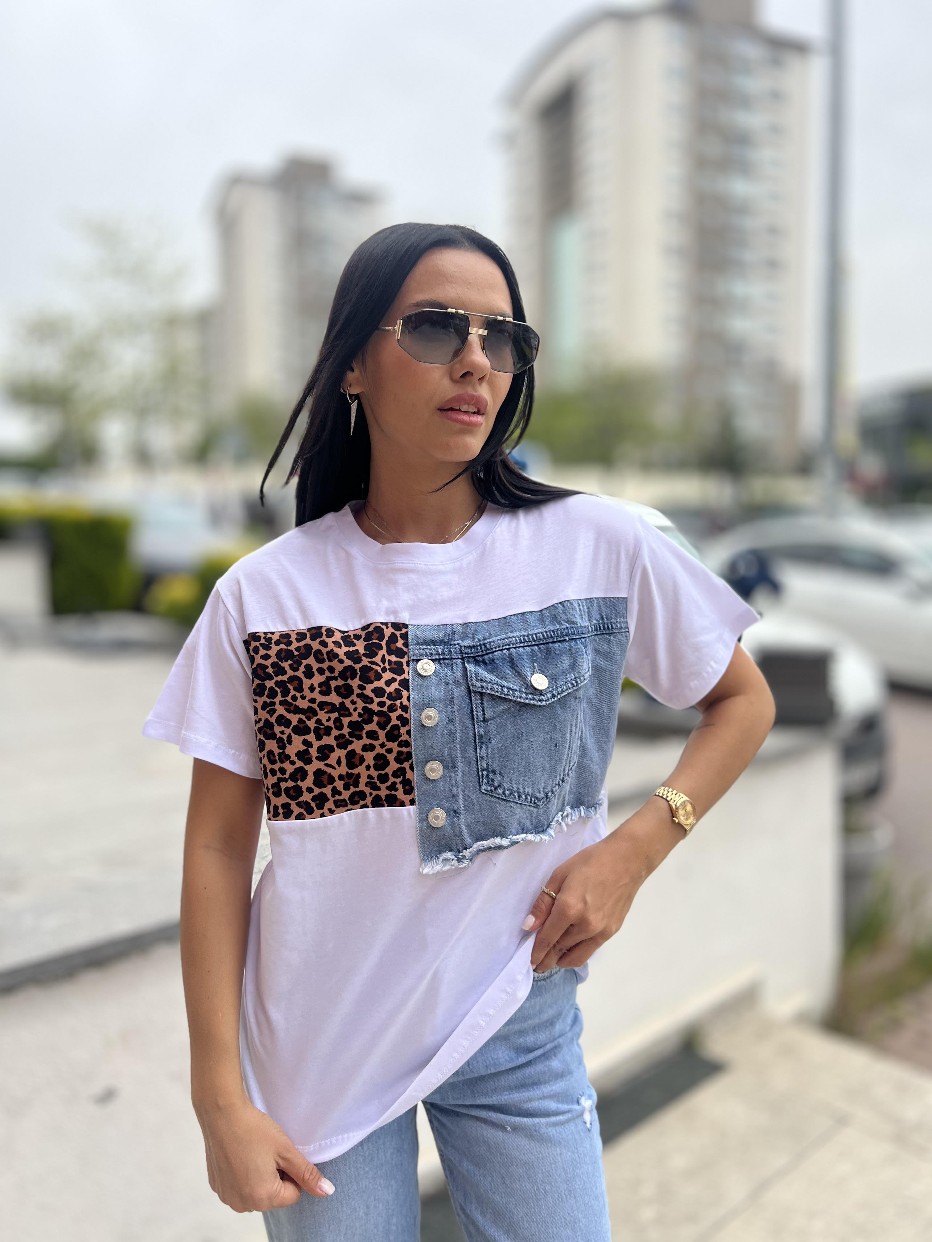 019 LEOPAR VE KOT DETAYLI TSHIRT