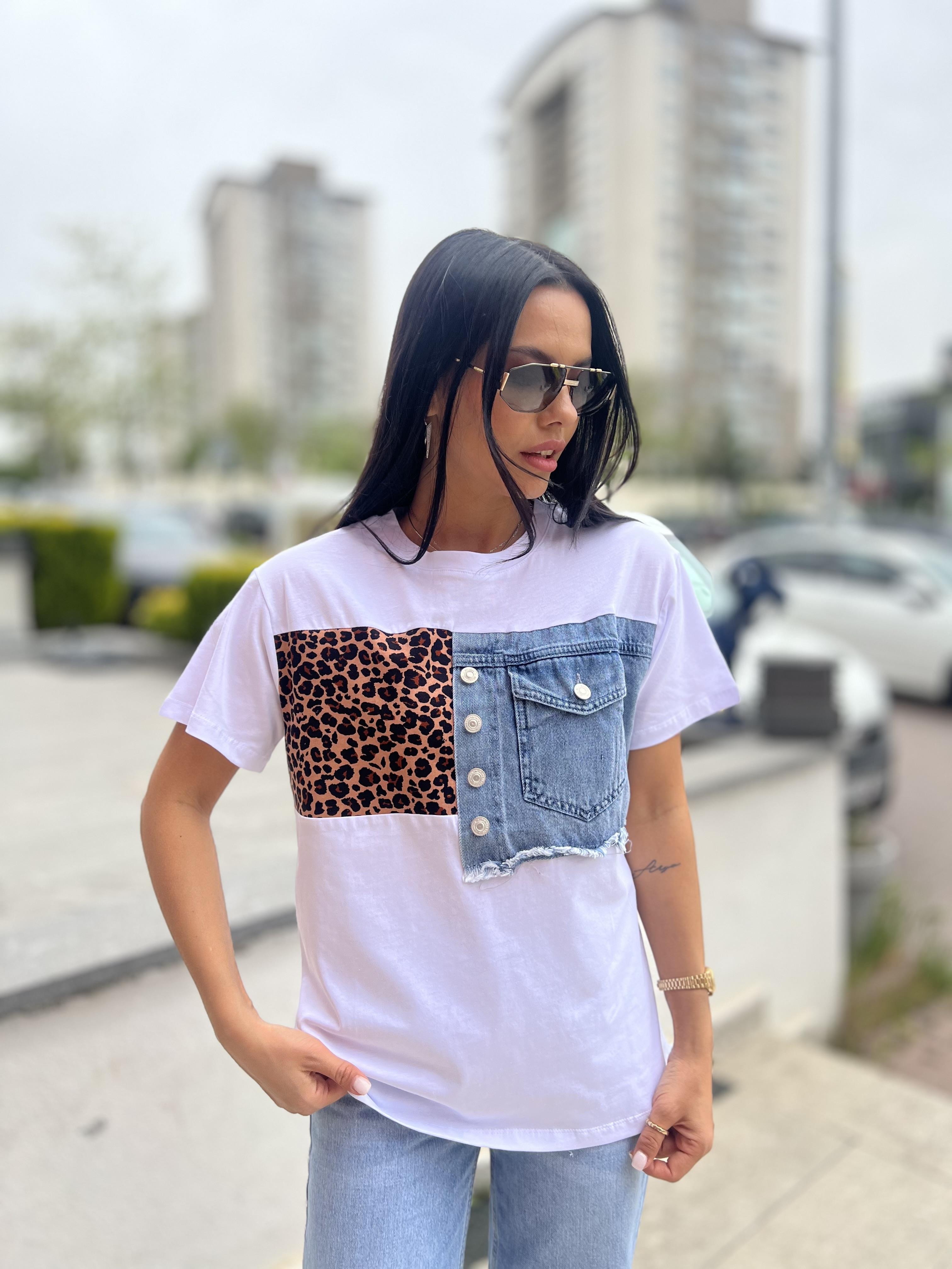 019 LEOPAR VE KOT DETAYLI TSHIRT