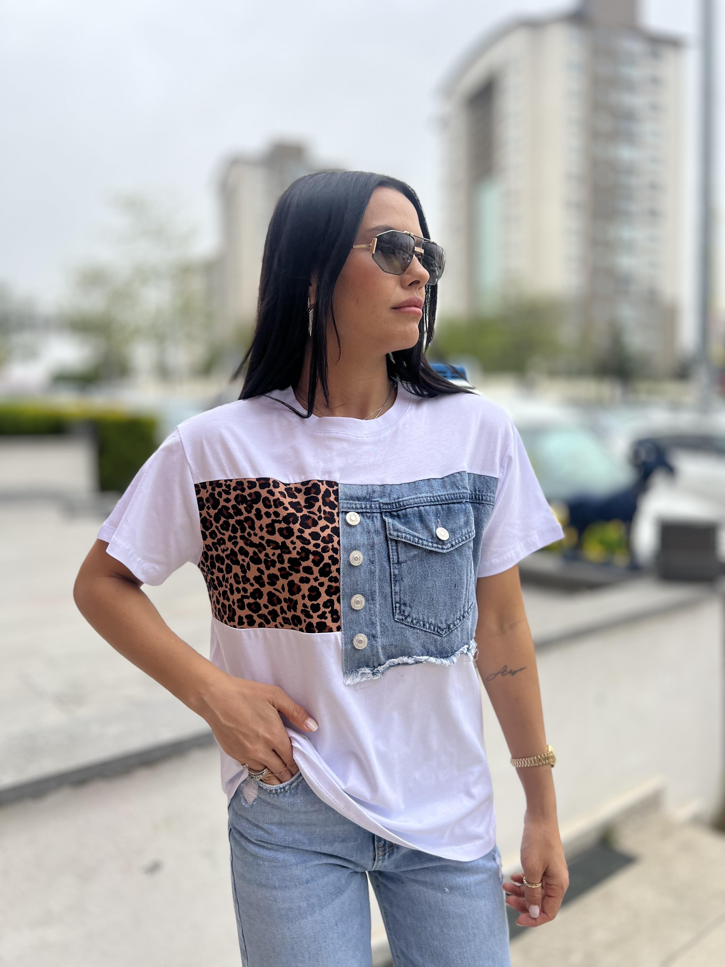 019 LEOPAR VE KOT DETAYLI TSHIRT