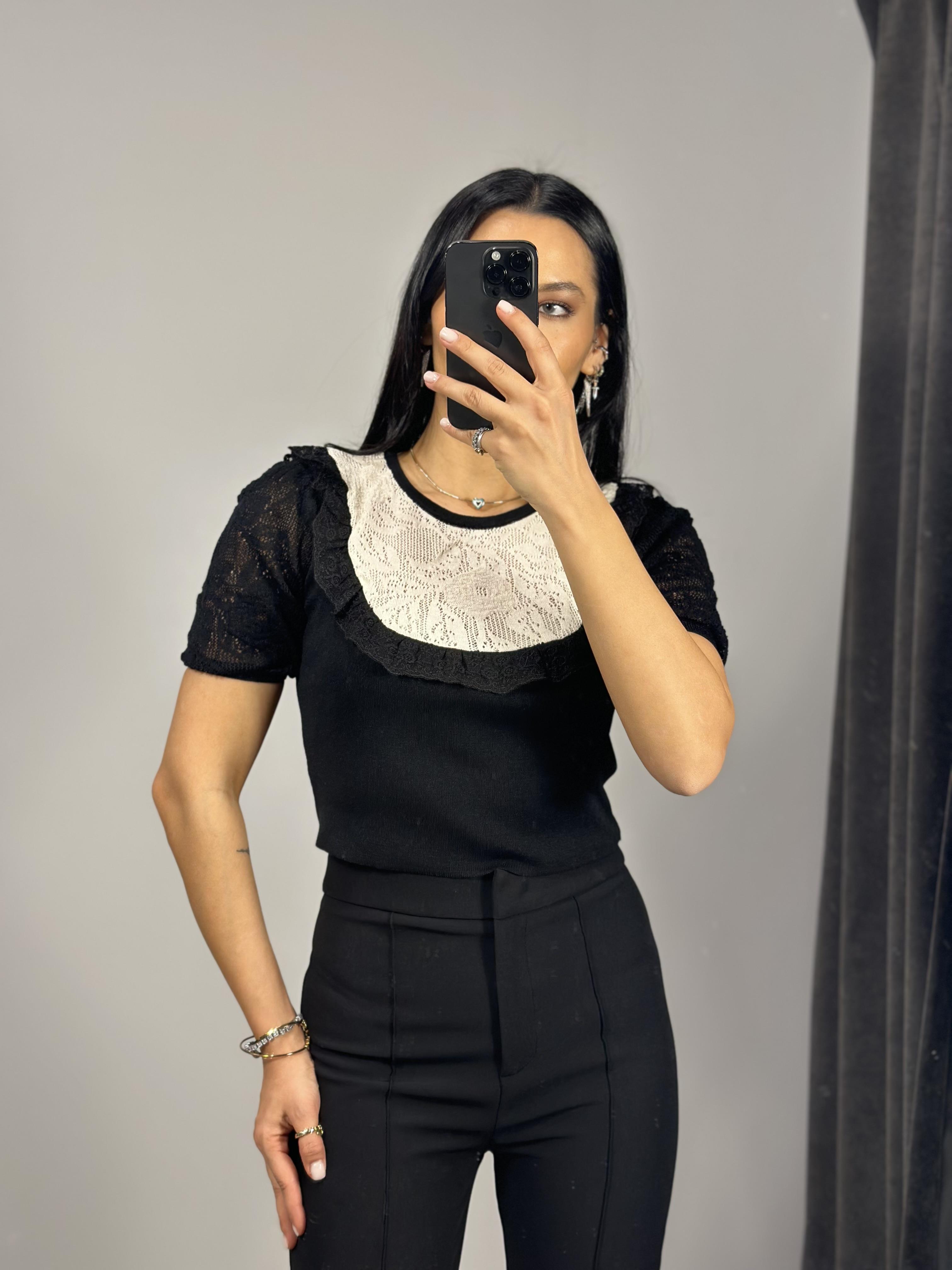 10541 BISIKLET YAKA DANTELLI CROP TRIKO KAZAK