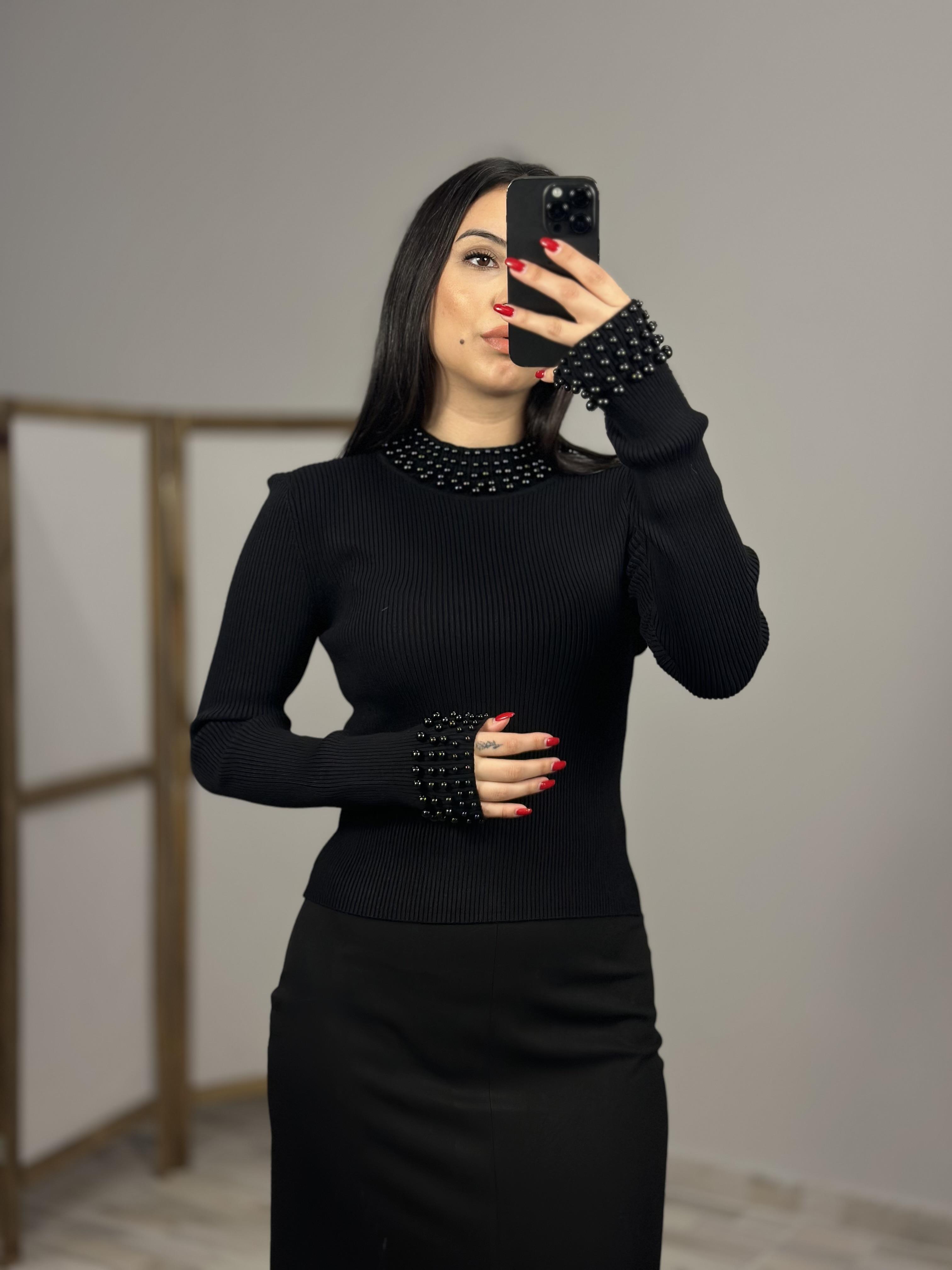 10618 INCILI ARKASI DUGME DETAYLI TRIKO KAZAK