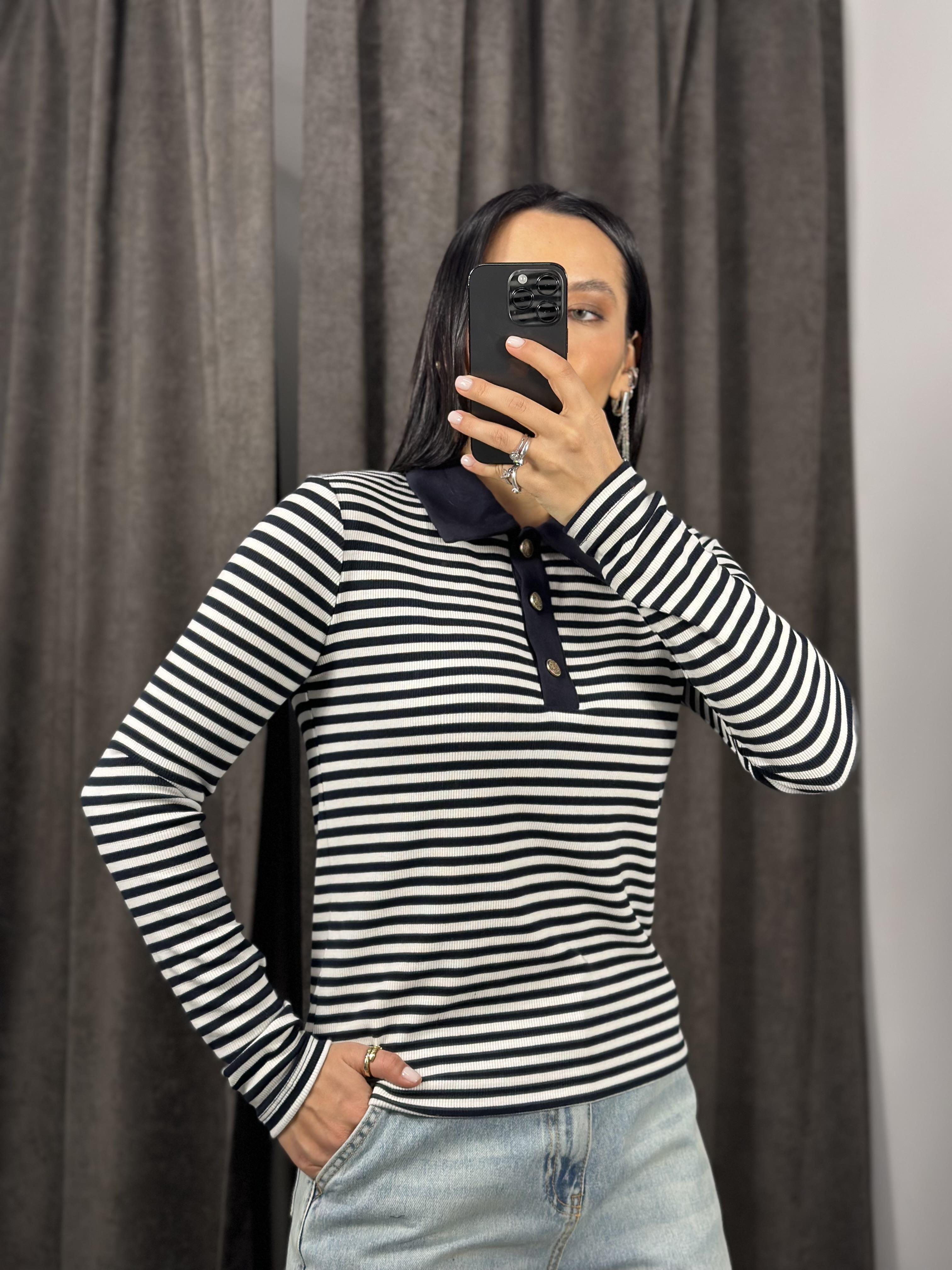16012 POLO YAKA CIZGILI BLUZ