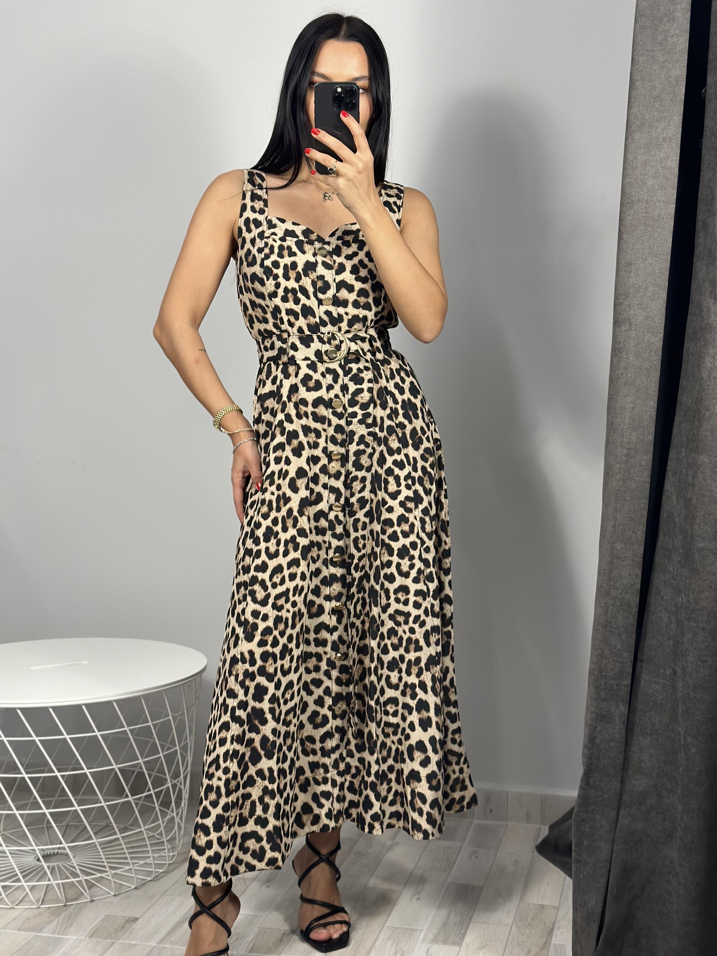 16364 LEOPAR DESEN DUGMELI ELBISE