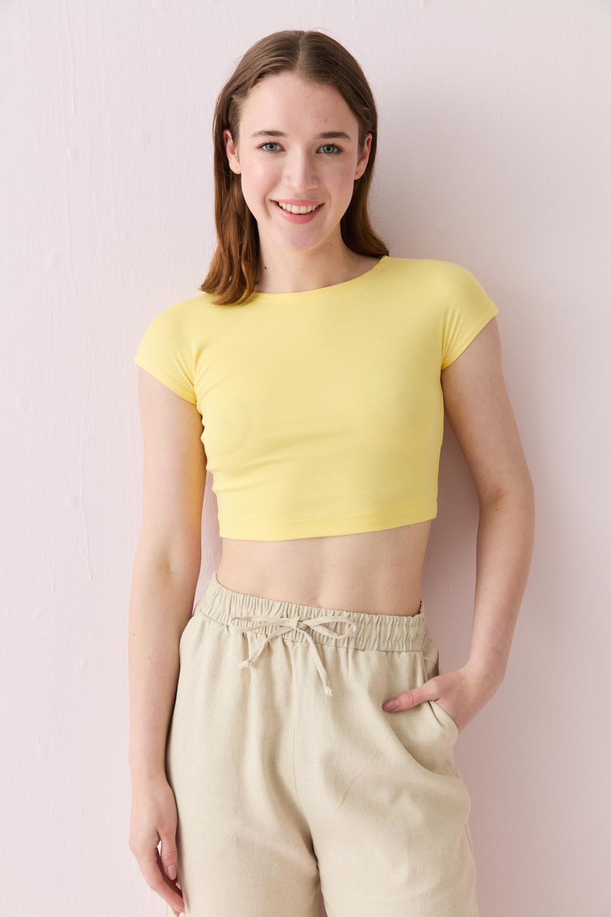 30528 PAMUKLU VE MODAL KARISIMLI CROP TOP