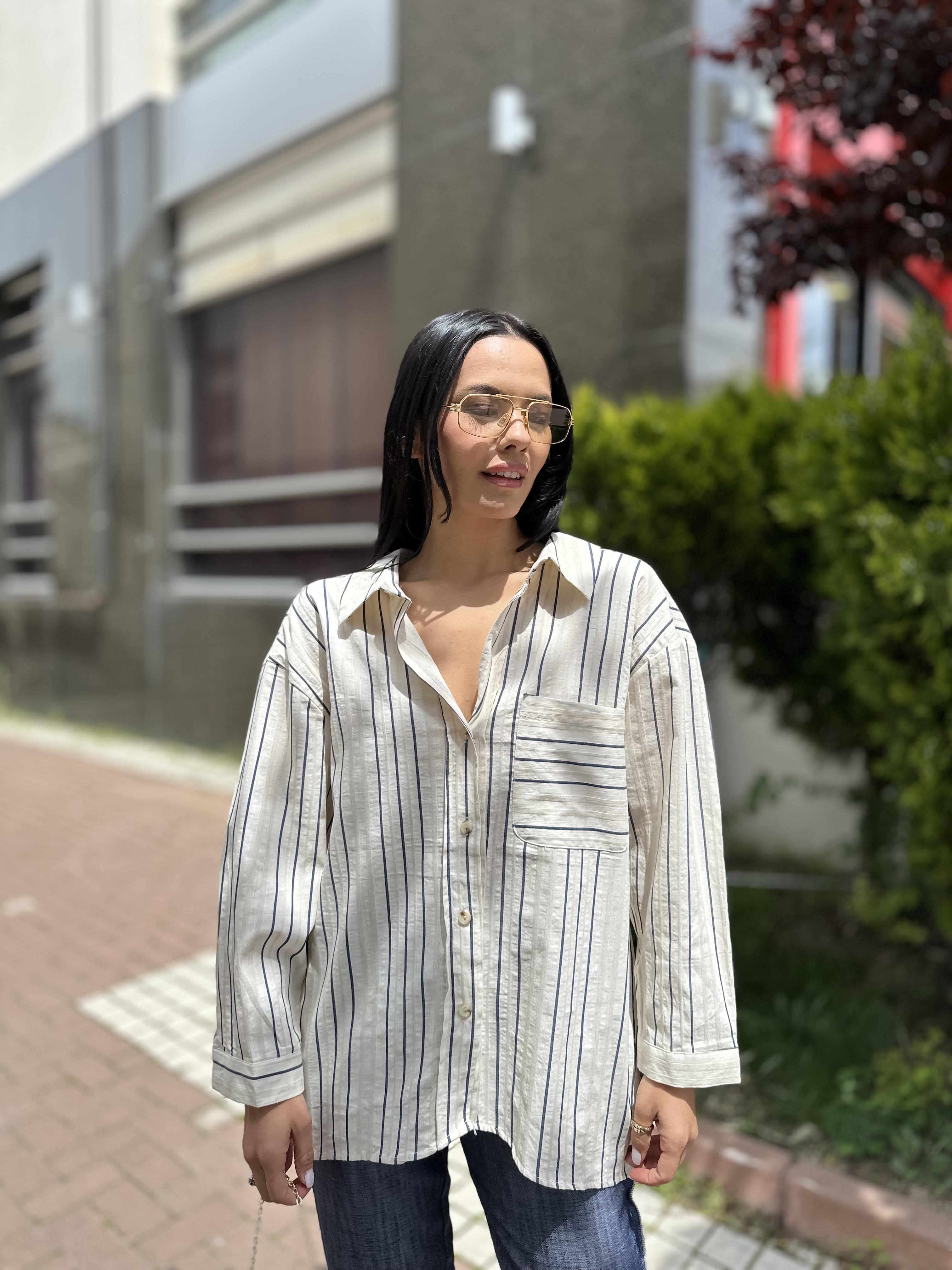 3141 CIZGILI ACIK YAKA KETEN GOMLEK