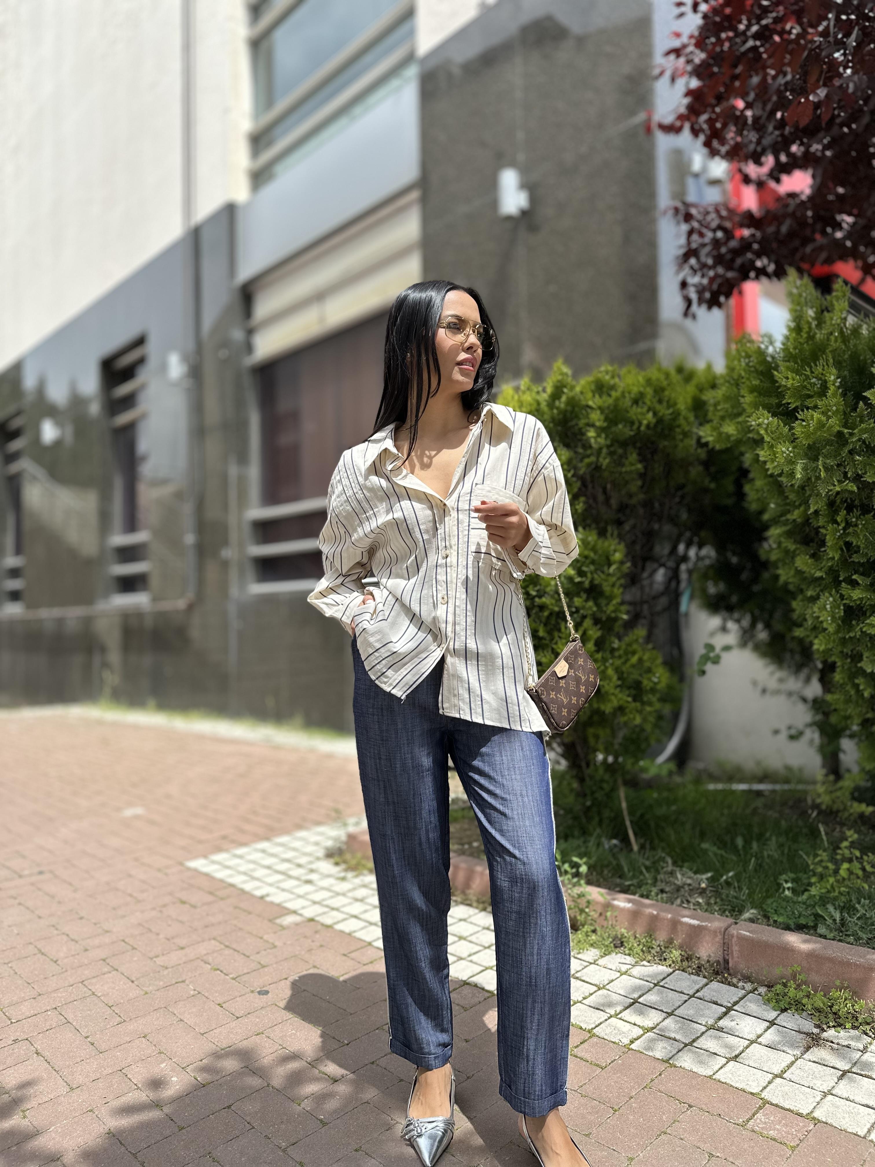 3141 CIZGILI ACIK YAKA KETEN GOMLEK