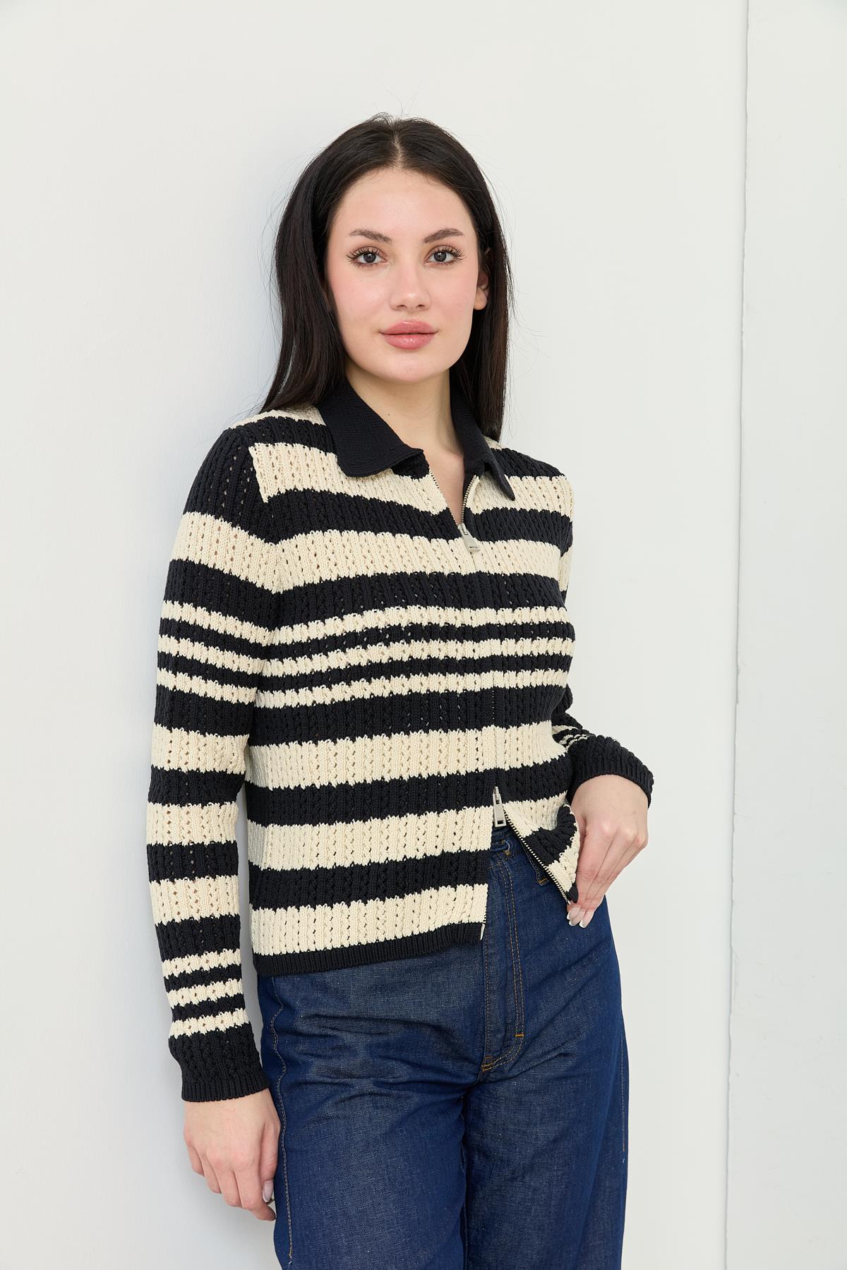 60962 POLO YAKA CIZGILI FERMUARLI TRIKO HIRKA