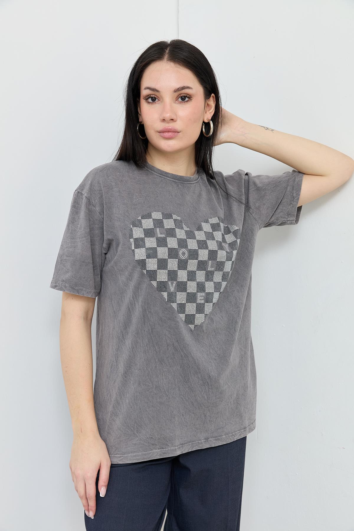 7054 YIKAMALI KALP TASLI TSHIRT