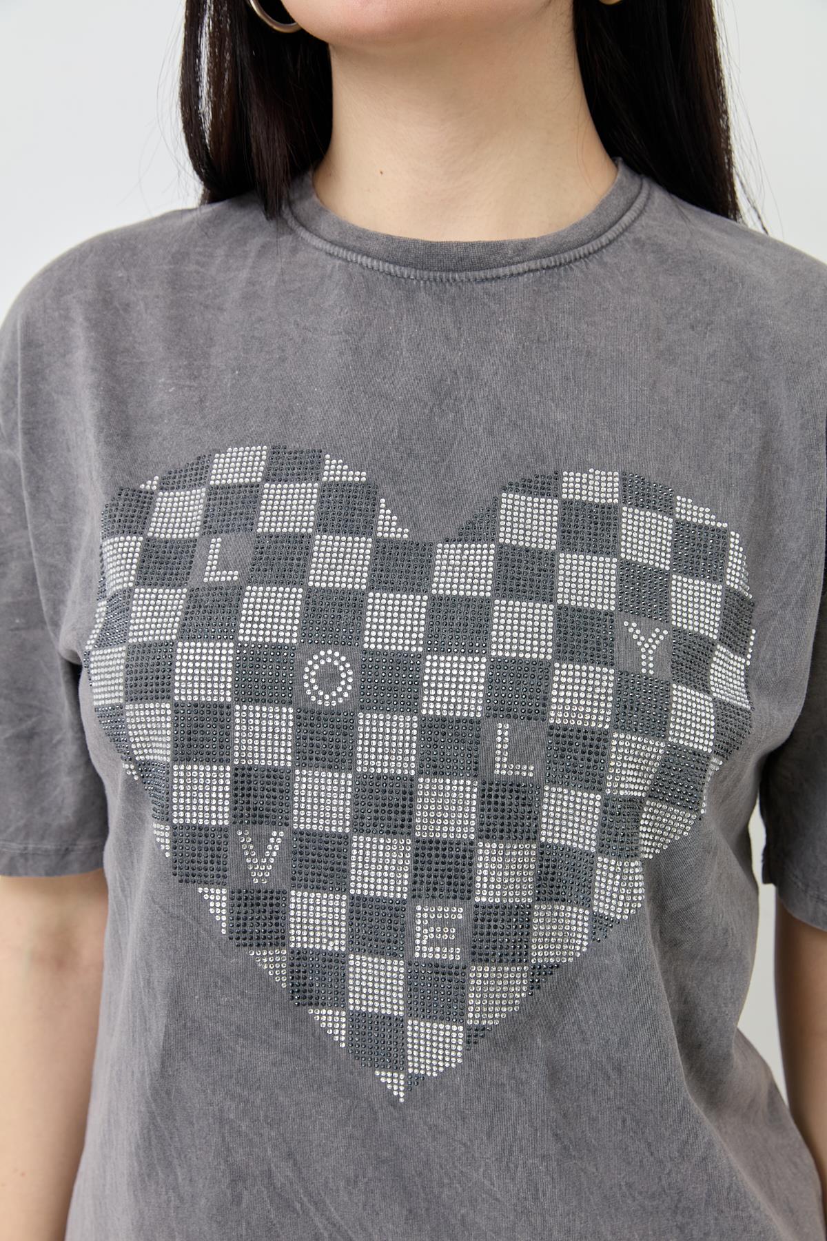 7054 YIKAMALI KALP TASLI TSHIRT