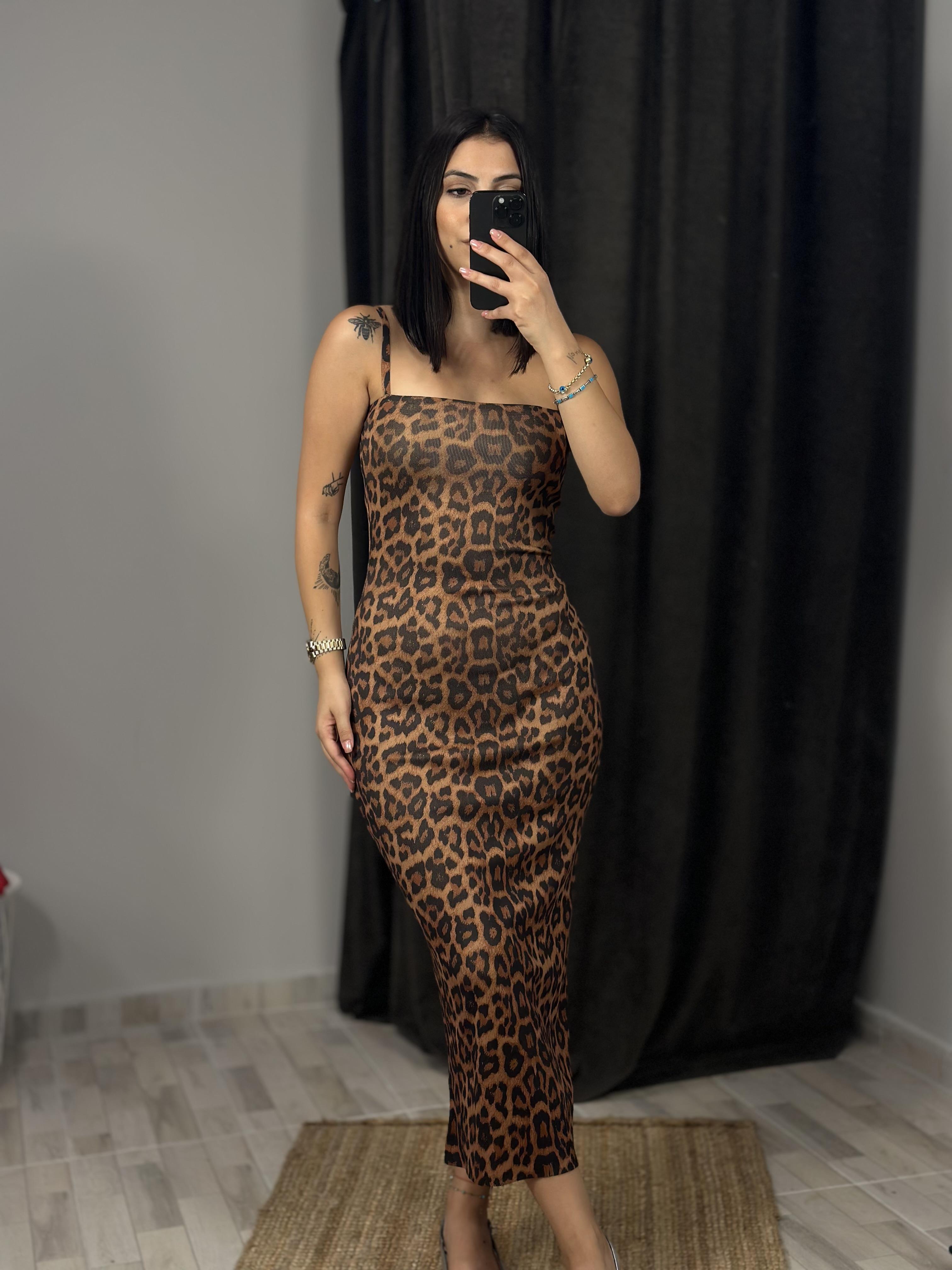 90229 ASKILI LEOPAR BASKILI TRIKO ELBISE