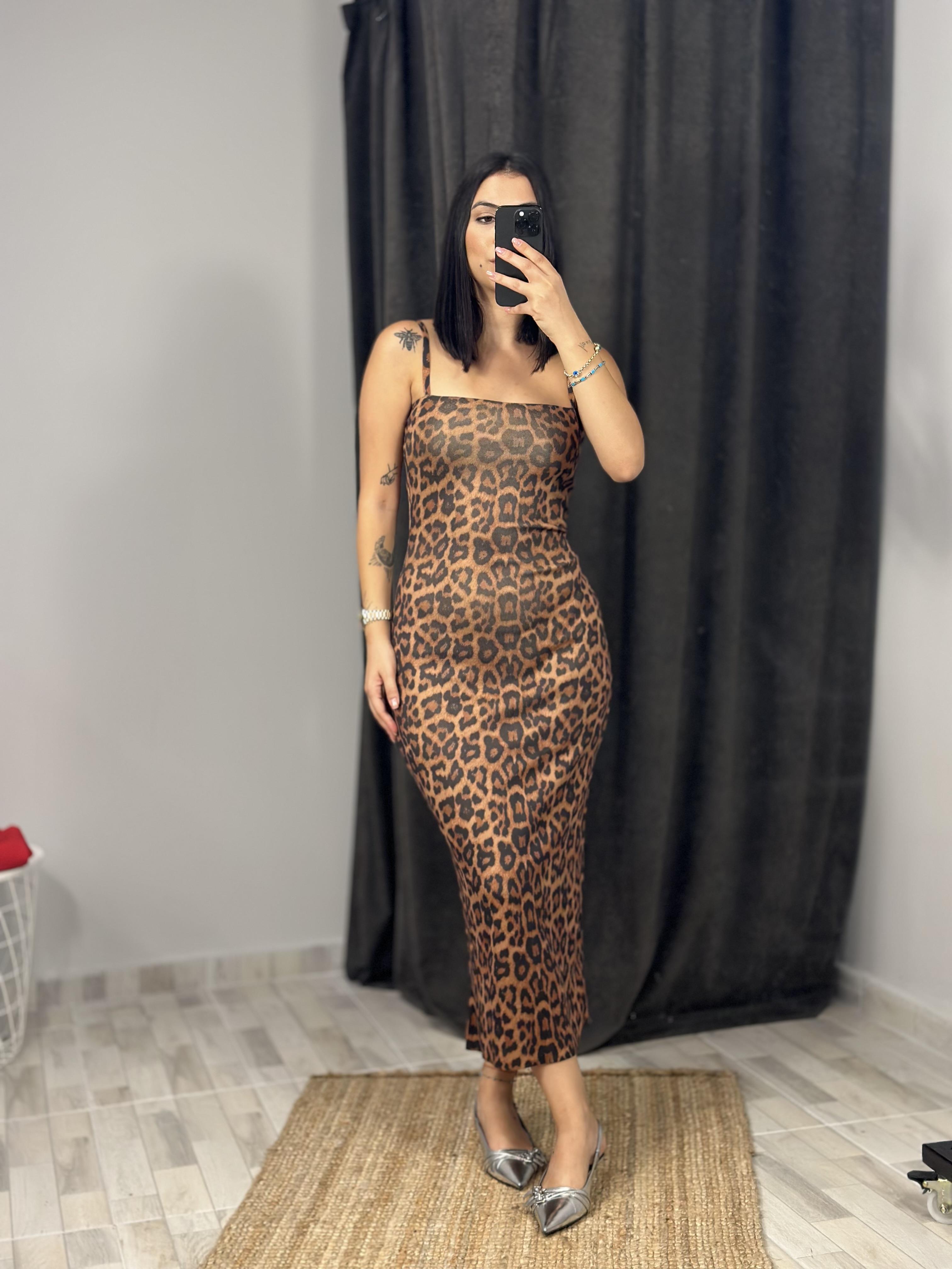 90229 ASKILI LEOPAR BASKILI TRIKO ELBISE