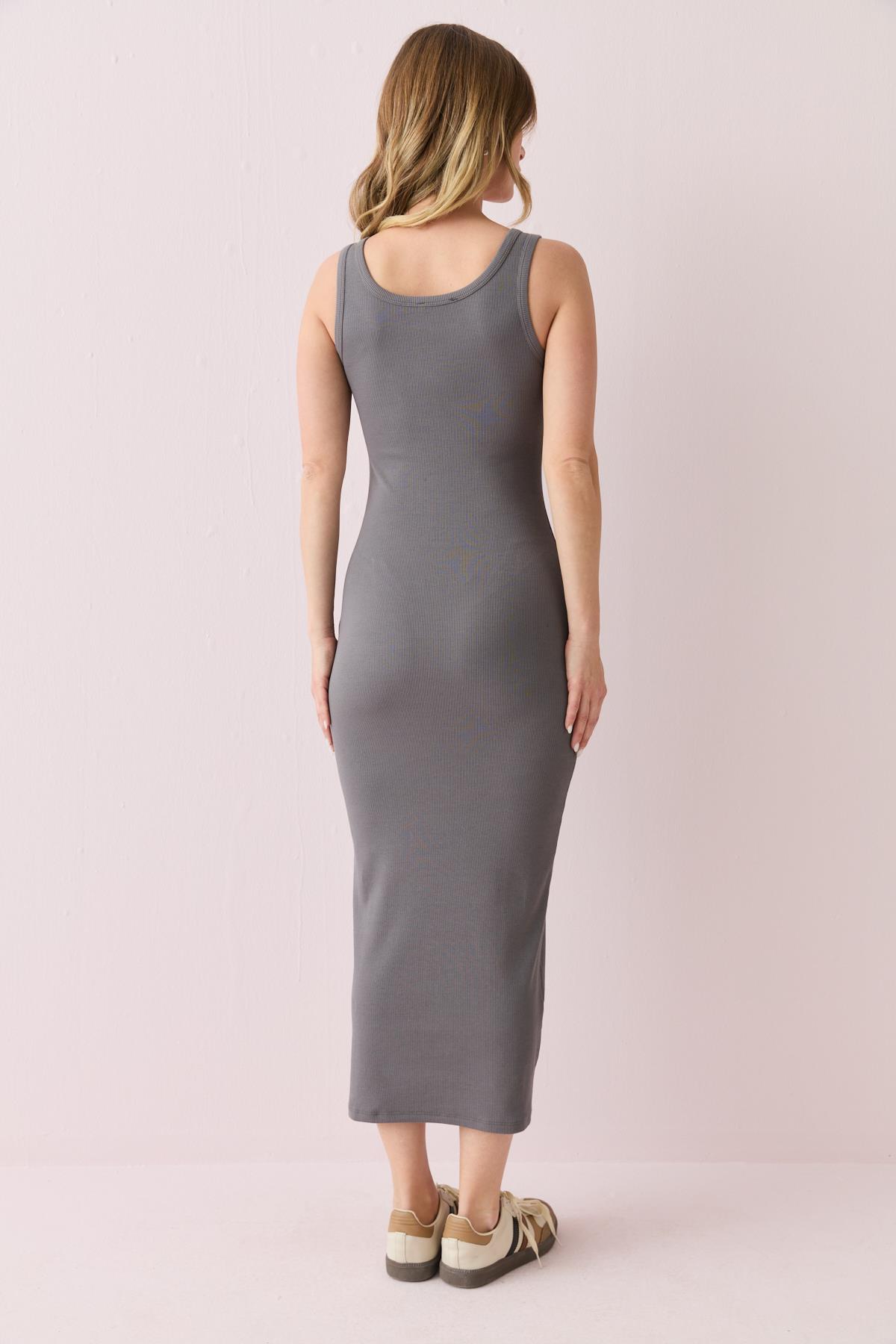 91382 DUGME DETAYLI MIDI ELBISE