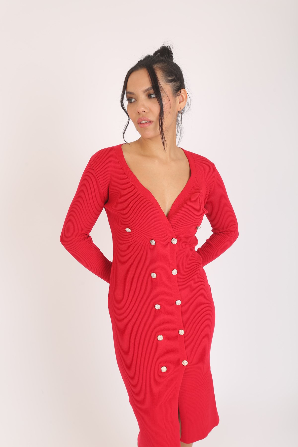 93316 GOLD DUGME DETAYLI TRIKO ELBISE